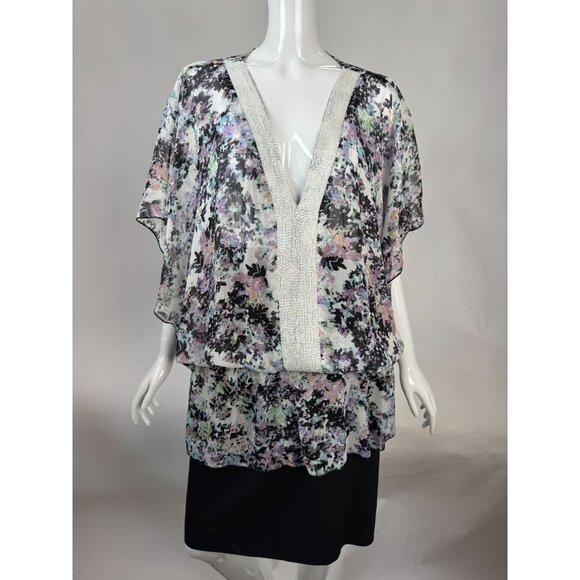 Badgley Mischka Floral Beaded V-Neck Blouson Top Gathered size L 100% Polyester - Picture 11 of 16